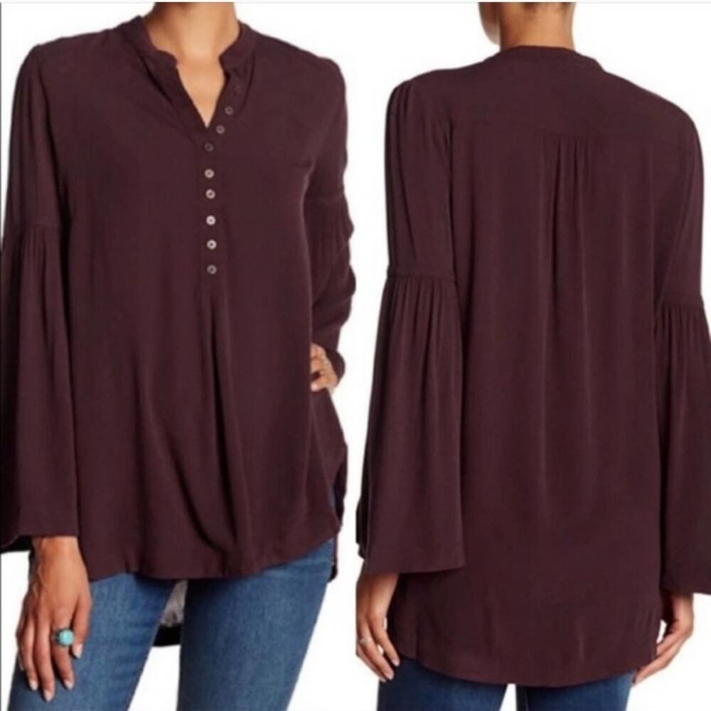 Free People Easy Girl Maroon Button Bell Sleeve Blouse Top - size xs